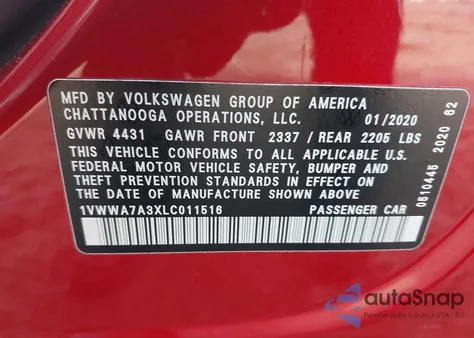 2020 Volkswagen Passat 2.0T Se z USA, uszkodzony, nr VIN 1VWWA7A3XLC011516